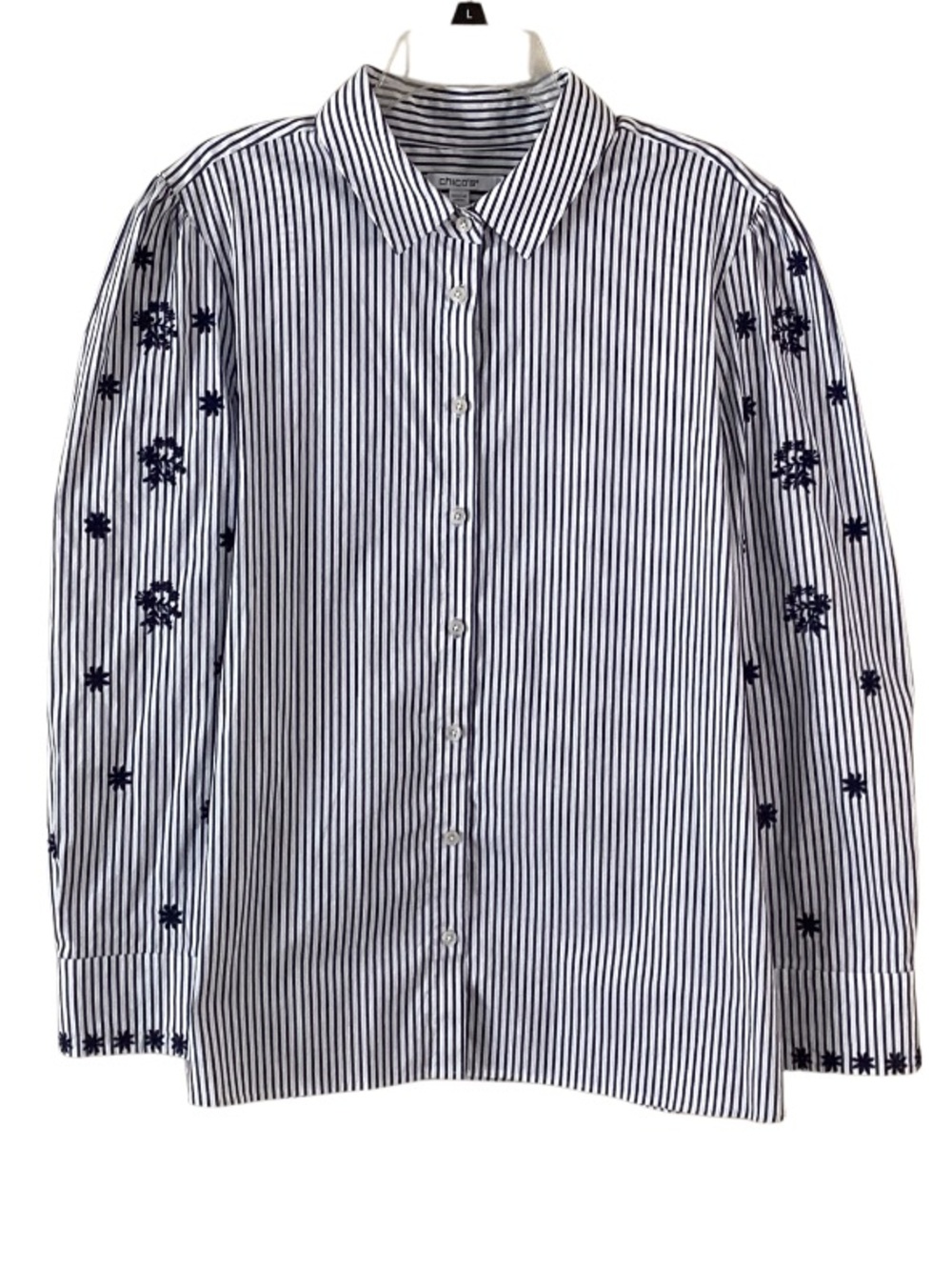 Chico's Navy and White Striped Button-Down with Navy Floral Embroidered Sleeves